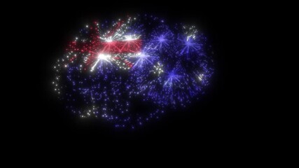 Australia Flag Fireworks Animation on Black Background – Celebration Effect. Australia Day Fireworks Animation – Flag Sparkle Explosion on Black Screen