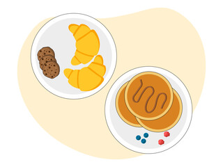 Meal variety croissant and cookies, another plate is pancake and some fruits. Brunch food illustration. Flat vector design.