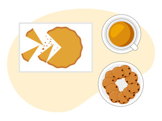 Meal variety pie, another plate is cookies and cup of milk coffee. Brunch food illustration. Flat vector design.