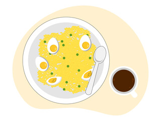 Meal variety yellow rice with boiled egg and cup of coffee. Brunch food illustration. Flat vector design.