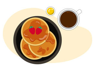 Meal variety pancake with maple syrup and strawberry, and cup of coffee. Brunch food illustration. Flat vector design.