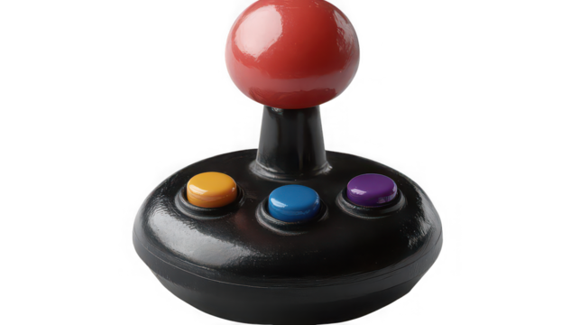 Close up of a black arcade joystick with a red ball and three colorful buttons on a black background