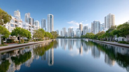 Obraz premium Modern City Skyline With Contemporary Architecture Reflected In Calm Water With Lush Green Trees And Blue Sky During Daylight