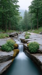 Obraz premium Serene forest waterfall with smooth flowing water surrounded by lush green trees and mossy rocks in overcast daylight