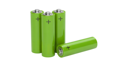 Group of four green aa batteries with positive and negative terminals visible isolated on transparent background