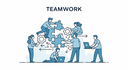 Teamwork Illustration - People Collaborating with Puzzles and Gears.
