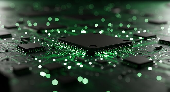 Close-up of a Computer Microchip with Green Lights on a Circuit Board