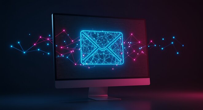 Computer monitor displaying a glowing digital envelope icon with network connections screen technology