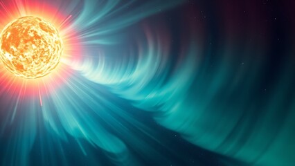 thermosphere. A painterly solar corona explosion with rippling aurora energy cascading toward a small blue planet. STEM education sheets.