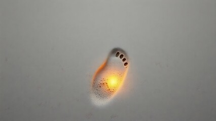gait. A single footprint in damp sand, the pressure evenly distributed, glowing with a soft therapeutic light. wellbeing guides.