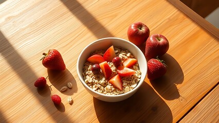 advantageous. A simple, wholesome breakfast on a sunlit wooden table with a beam of light illuminating a bowl of oats and fruit. menu design.