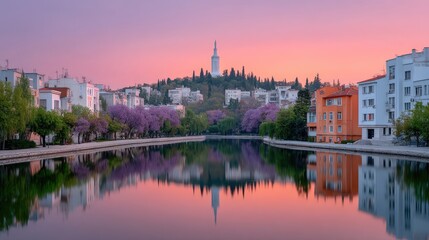 Fototapeta premium Serene hilltop temple overlooks a tranquil lake reflecting vibrant pink and purple twilight sky amidst blooming trees and modern architecture a picturesque urban landscape