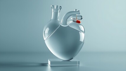 statin. An abstract glass sculpture of a human heart, with a single statin pill balanced on its top. event programs, museum guides, designed for cultural heritage projects and event programs.