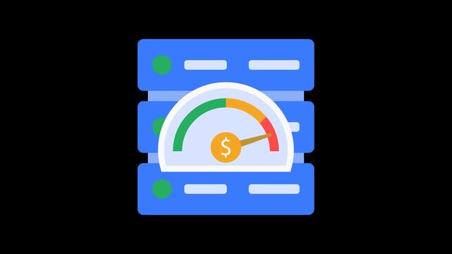 Server cost gauge animation with a half-circle dial, server icon in the center, and dollar indicator. Ideal for IT budgeting, performance analysis, and cloud efficiency concepts.
