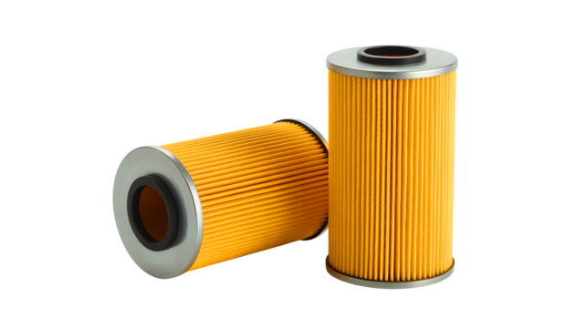 Two cylindrical orange pleated oil filters for automotive or industrial machinery isolated on transparent background