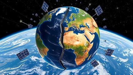 quadrants. Fractured globe with mismatched seasonal quadrants spinning chaotically amid erratic satellite data. ESG reports, sustainability campaigns, designed for environmental awareness campaigns.
