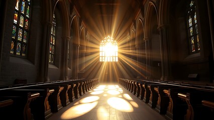 kneeler. Sunlight through stained glass windows creating patterns in an ancient church. event programs, museum guides, designed for cultural heritage projects and event programs, supports education.