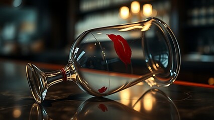 imprudence. An overturned wine glass with lipstick marks on a bar counter in moody lighting. bar promotions, beverage menus, designed for food & beverage menus and cafe branding.