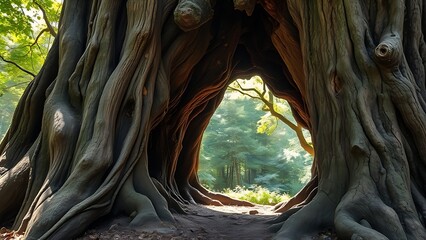 hardener. Ancient tree hollow providing shelter, dappled sunlight filtering through forest canopy. travel magazines, destination branding, designed for travel destination branding.