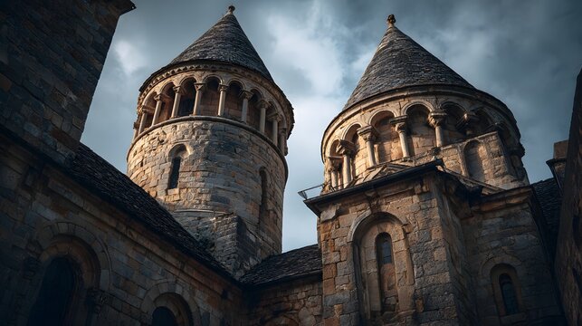 Historic stone tower structures pierce dramatic overcast sky