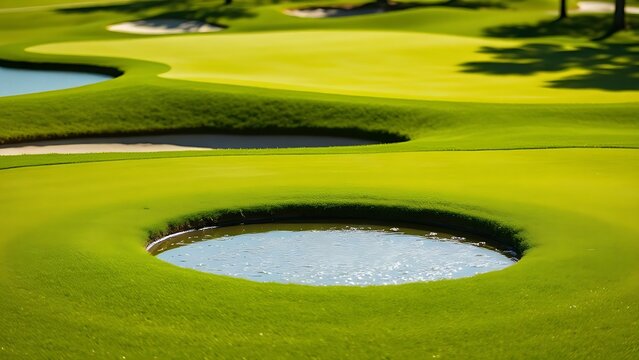 oligarchy. A golf course with manicured grass and water hazards under a sunny sky. event key visuals, club posters, designed for sports event promotions and stadium branding, drives event promotion.