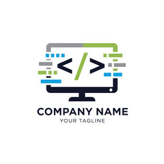 Modern technology logo with programming code icon on a computer screen.