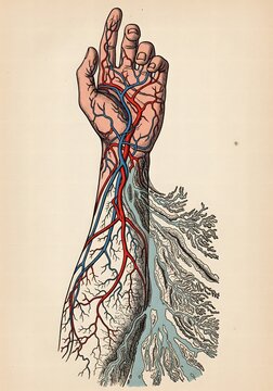 Vintage anatomical illustration of the circulatory and nervous systems in the human forearm and hand.