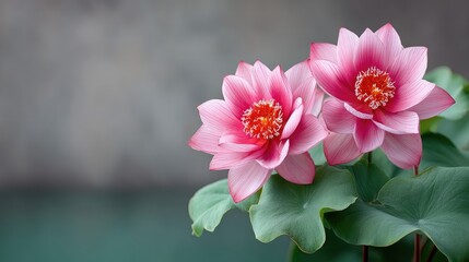 Two Delicate Pink Lotus Blossoms with Vibrant Red Stamens and Green Leaves Soft Bokeh Background Subtle Speckles Detailed Macro Botanical Photography