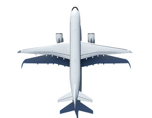 Top view of a modern white passenger jet airplane with large wings isolated on transparent background