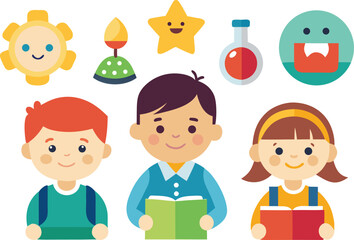 Inspiring young students ready for learning with science and reading, happy kids with school supplies and books, education vector illustration