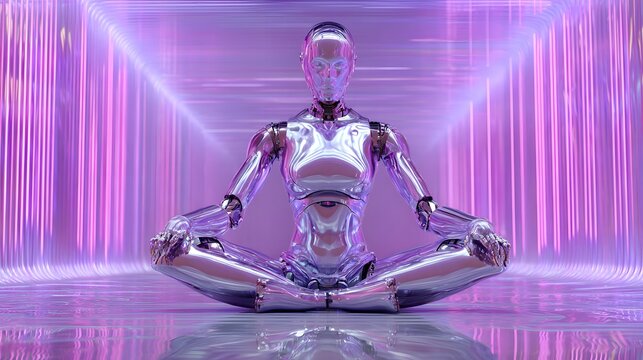 Chrome android figure sits in meditative pose within glowing futuristic tunnel - Powered by Adobe