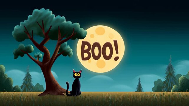 A playful black cat with a moon backdrop.