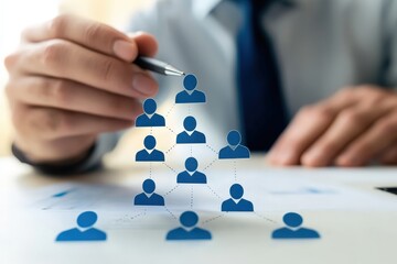 Navigating Leadership: An executive hand traces the interconnected links of a hierarchical organization chart, symbolizing strategic planning and leadership dynamics.