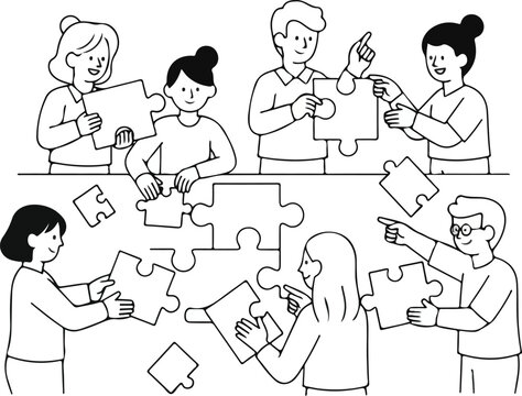 collaborative synergy, a vector concept showing diverse people connecting puzzle pieces to find a solution and build a business strategy notion style illustration
