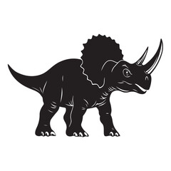Fototapeta premium Black silhouette Triceratops dinosaur with three horns, large frill, prehistoric animal illustration, Jurassic wildlife, vector graphic, isolated design, ancient creature profile, fossil era