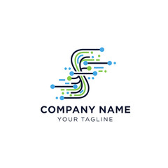 Fototapeta premium Abstract S letter logo with digital circuit lines and nodes.