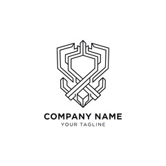 Abstract geometric shield logo design with intertwined lines and modern aesthetic.