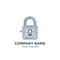 Cyber Security Padlock Logo with Digital Circuit Board Design.