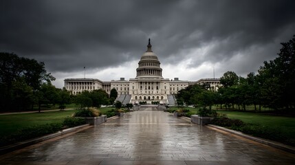 Fototapeta premium Imposing neoclassical government building stands under intensely dark and overcast sky