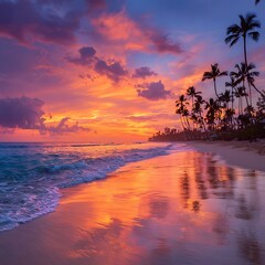 Dramatic Tropical Beach Sunset with Palm Trees and Colorful Sky