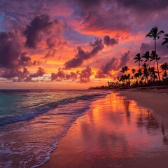 Dramatic Tropical Beach Sunset with Palm Trees and Colorful Sky