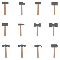Hammer and Nail Icon Set – Construction, Repair, Carpenter, and Building Tools Vector Icons for Web and Industry Design