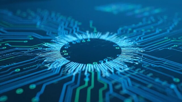 Digital eye concept An abstract visualization of a circuit board resembling an eye, symbolizing technology and data processing