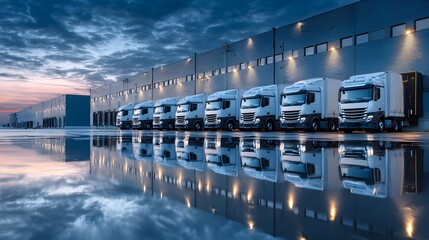 Multiple modern heavy goods vehicles are parked neatly alongside a large distribution center during twilight hours