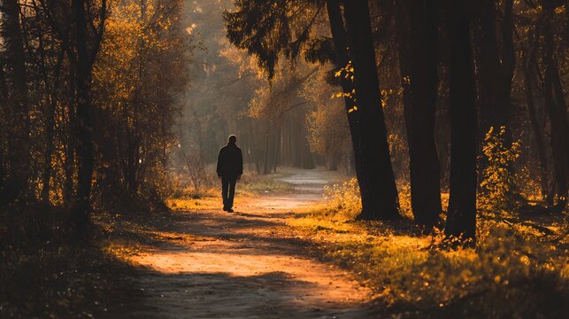 Solitary figure walks down a sunlit dirt path through a dense woodland area during autumn