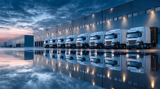 Multiple modern heavy goods vehicles are parked neatly alongside a large distribution center during twilight hours