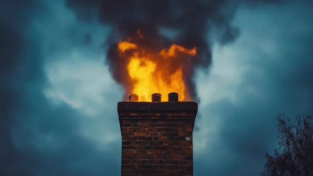 Brick chimney expels vibrant orange flames and dark smoke into a moody sky