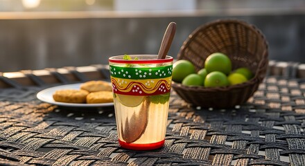 Refreshing Shikanji (spiced lemonade) or Jal Jeera in a hand-painted glass, served with lemon/lime in a woven basket and savory fried patties (tikki) on a traditional woven charpai bed.