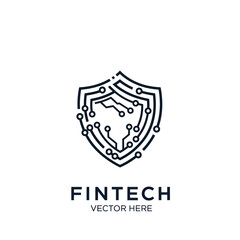 Fintech security shield logo with digital circuit board lines.