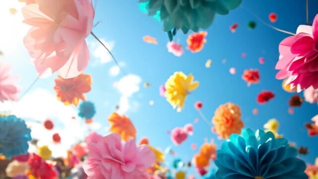 Brightly Colored Paper Flower Decorations Floating Against a Vivid Blue Sky with Sunlight